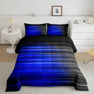 Feelyou Twin Size Microfiber Bedding Set - Comfy, Decorative Abstract Ombre Comforter with Blue and Grey Geometric Gradient Lines, Twin Size Set, Comfy Bedding Set