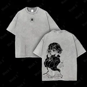 Weeb X Shizuku Hunter X Hunter Anime Double Printed Vintage Washed Tee Unisex Oversize Heavyweight Cotton T-shirt for Anime Fans and Lovers