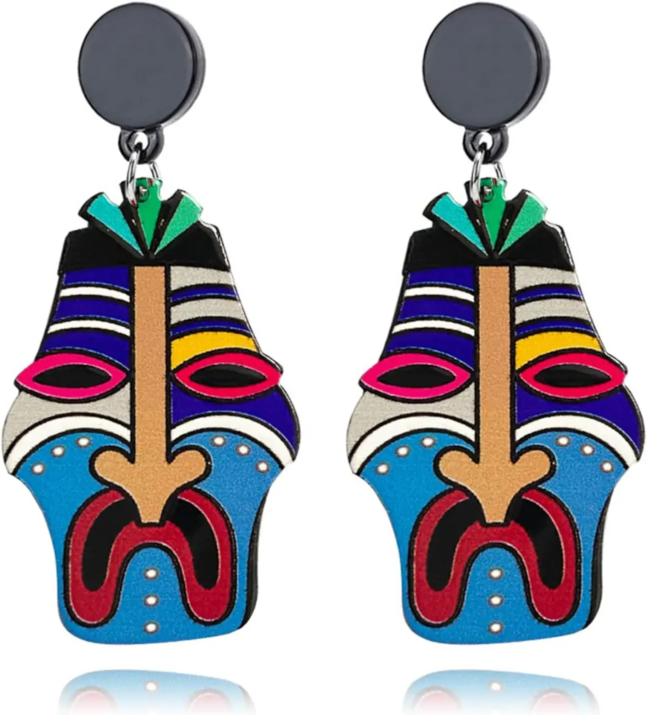 Totem Mask Earrings for Women Personalized Funny Colorful Retro Bohemian Acrylic Tropical Hawaii Polynesian Tribal Tiki Geometric Dangle Drop Face Earrings Vintage Boho Jewelry Gifts