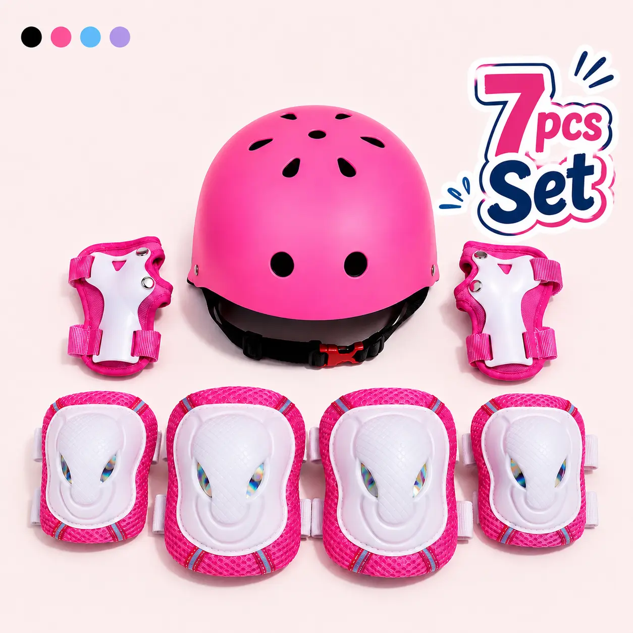 Unisex Youth 7-Piece Athletic Safety Protective Gear Kit - Adjustable S/M, Ventilated Head Guard, Knee Pads (Leg Protection), Elbow Pads, Wrist Guards, Breathable Fabric, Hook-and-Loop Straps, for Skateboard/Scooter, Ages 4-12 (Kids in Sports)