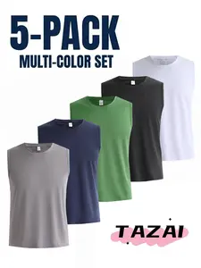 5-Pack Men's Sleeveless Workout Shirts, Quick-Dry Athletic Tees, Moisture Wicking Breathable Gym Training Tops, Running Fitness Activewear, Regular Fit Basketball Summer Essential