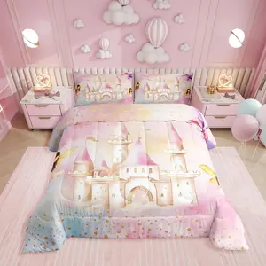 Princess Bedding Sets for Girls,Pink Castle Fairy Comforter Set,Dreamy Princess Bed Set,Fairy Garden Coquette Comforter