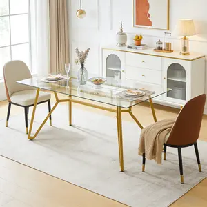 70.9-inch rectangular glass dining table, suitable for 1-8 people, modern style home kitchen dining table, equipped with sturdy metal table legs,suitable for dining room,living rooms, offices, Gold