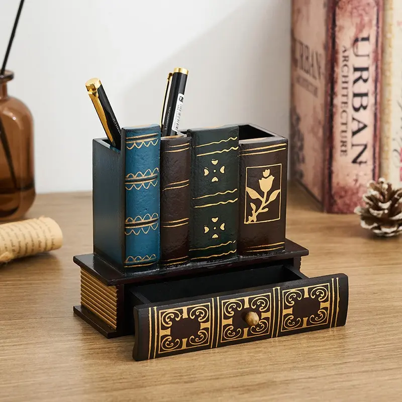 Vintage European Wooden Pen Holder, Retro Desktop Storage Box with Decorative Organizer, for Pens Pencils Stationery, Office Desk Compatible, Office Supplies