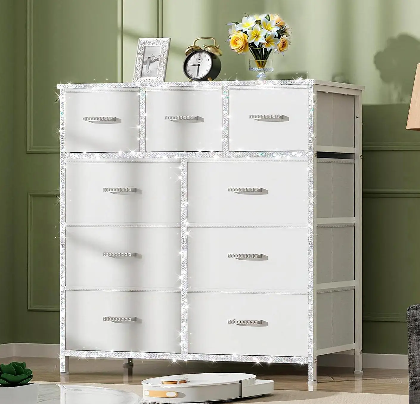 【Prime Day】9 Drawer Dresser for Bedroom, Storage Organizer with 9 Drawers, Chest of Drawers with Fabric Bins, Sturdy Metal Frame, Wood Tabletop for Gu
