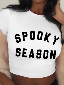 Halloween All Saints Day Letter Print Tight-Fitting Cropped T-Shirt, Casual Summer Style for Women, Stylish Sporty Look