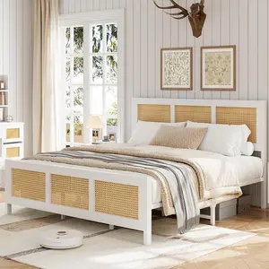 Full Size Rattan Bed Frame with Headboard, White Boho Cane Platform Bed Frame with Strong Metal Slat, Noise Free, No Box Spring Needed