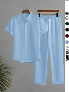 Men's Casual Summer Lightweight Breathable Button-Down Shirt & Drawstring Pants Set, Loose Fit Two-Piece for Spring & Fall