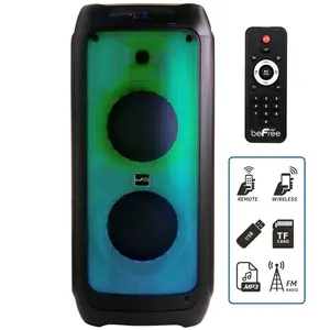 beFree Sound 2 x 8" Wireless Rechargeable Bluetooth Party Speaker with LED Illuminating Lights Audio Card Device Sd Radio Smartphone Crystal Usb