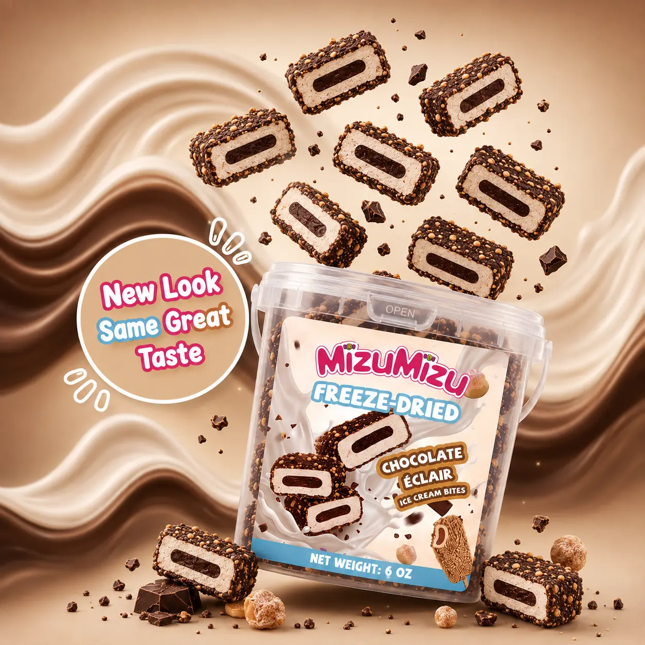 MIZUMIZU Freeze-Dried Chocolate Éclair Vanilla Ice Cream Bites Dessert - 3oz/6oz Ambient Snacks, Crispy Chocolate Treat, Rich Creamy Flavor, Contains Milk, Made with Coconut Oil-Palm Oil-Baking Soda-Guar Gum-Wheat Flour, Ideal for ASMR Videos, All Ages
