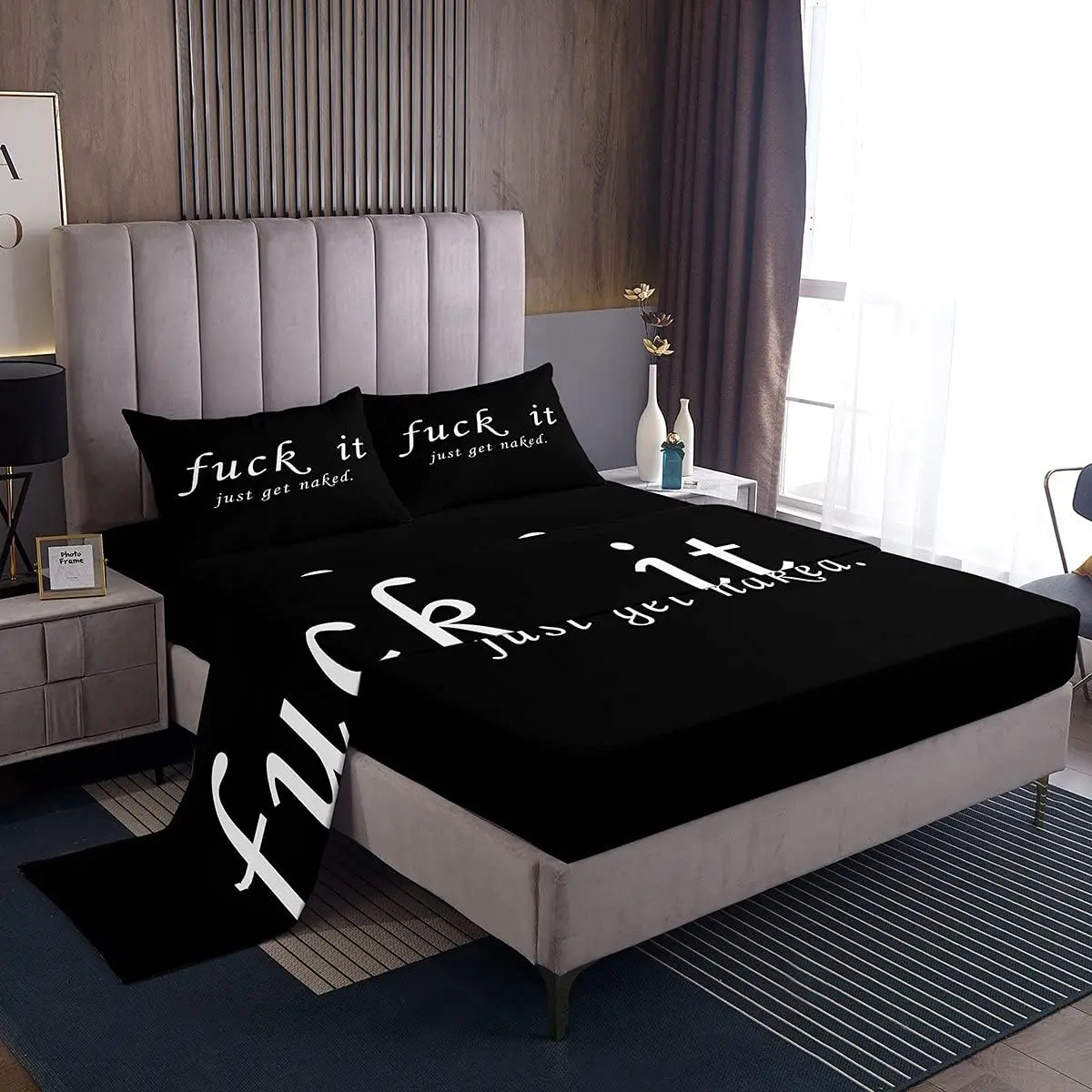 Feelyou Black and White Quotes Print Decorative Bedding Set - Microfiber Bedsheet Sets, Soft Breathable Sheet, Deep Pocket Fitted Sheet & Cover, Fits 16" Mattresses, Machine Washable, Bedroom Decor, Ideal Gift