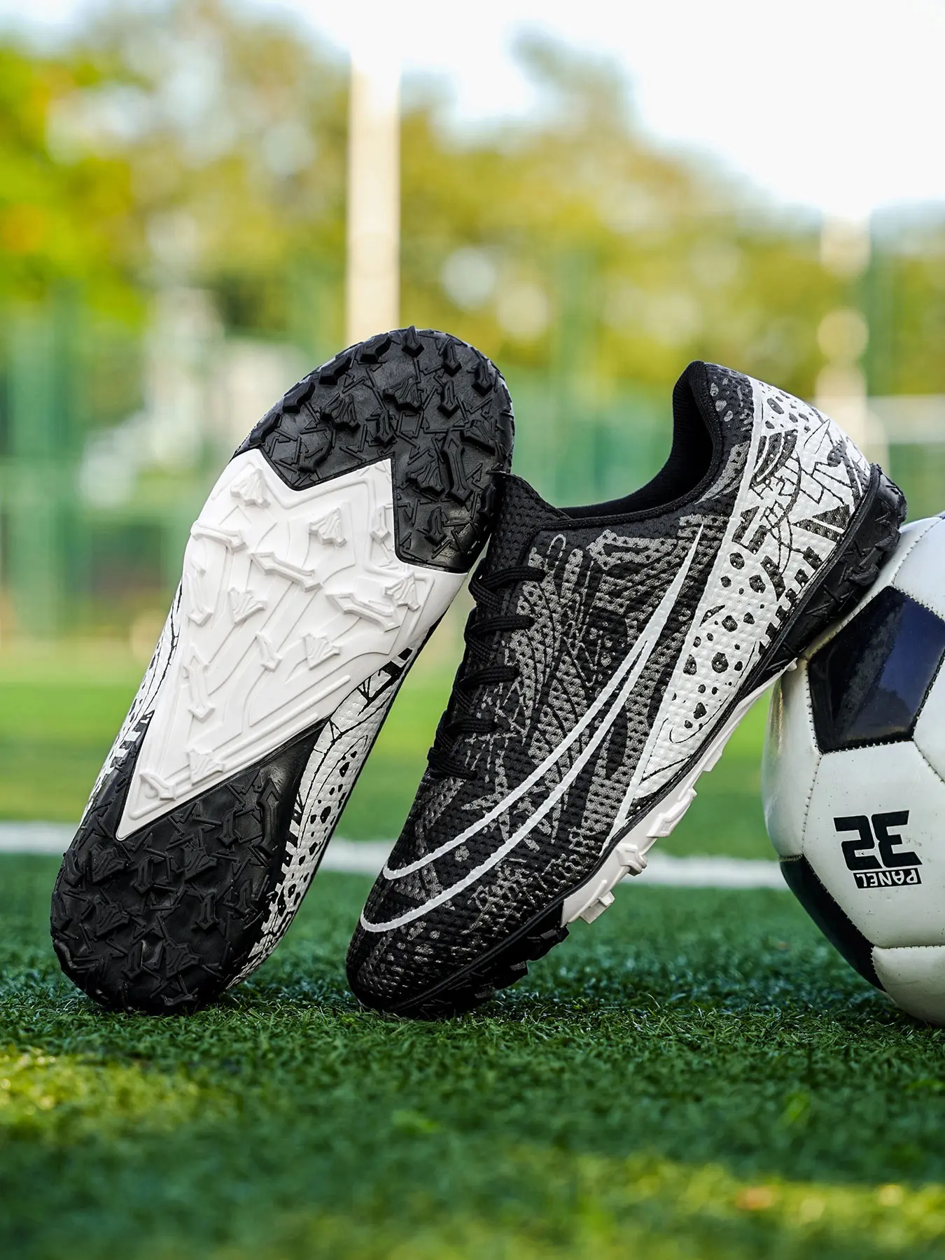 Unisex Light Blue-Silver Versatile Geometric Texture Turf Soccer Shoes, Football Boots: Light Trendy Soccer Style, Light Blue-Silver Tone, Turf Soccer Shoe Structure, Geometric Texture. Ideal for Daily Social & Soccer Sports