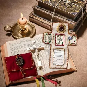 Christian Travel Prayer Pouch for Catholics, Portable Religious Shrine with Silver Cross, Blessed Gift & Fabric Wall Decoration