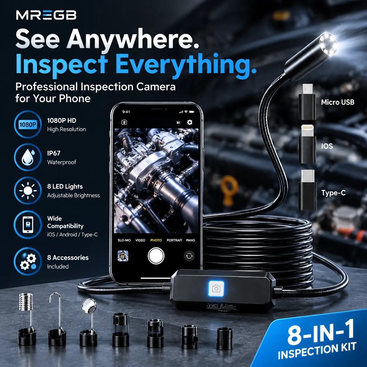 MREGB Phone Endoscope Probe, USB Endoscope Camera, Waterproof, HD High Pixels, Take Photos and Videos, 8 LED Lights, iOS Android HarmonyOS, Type-C Micro Lightning, Magnets Hook Mirror, 8 Accessories, Car Repair, Home Inspection, Plumbing, Portable