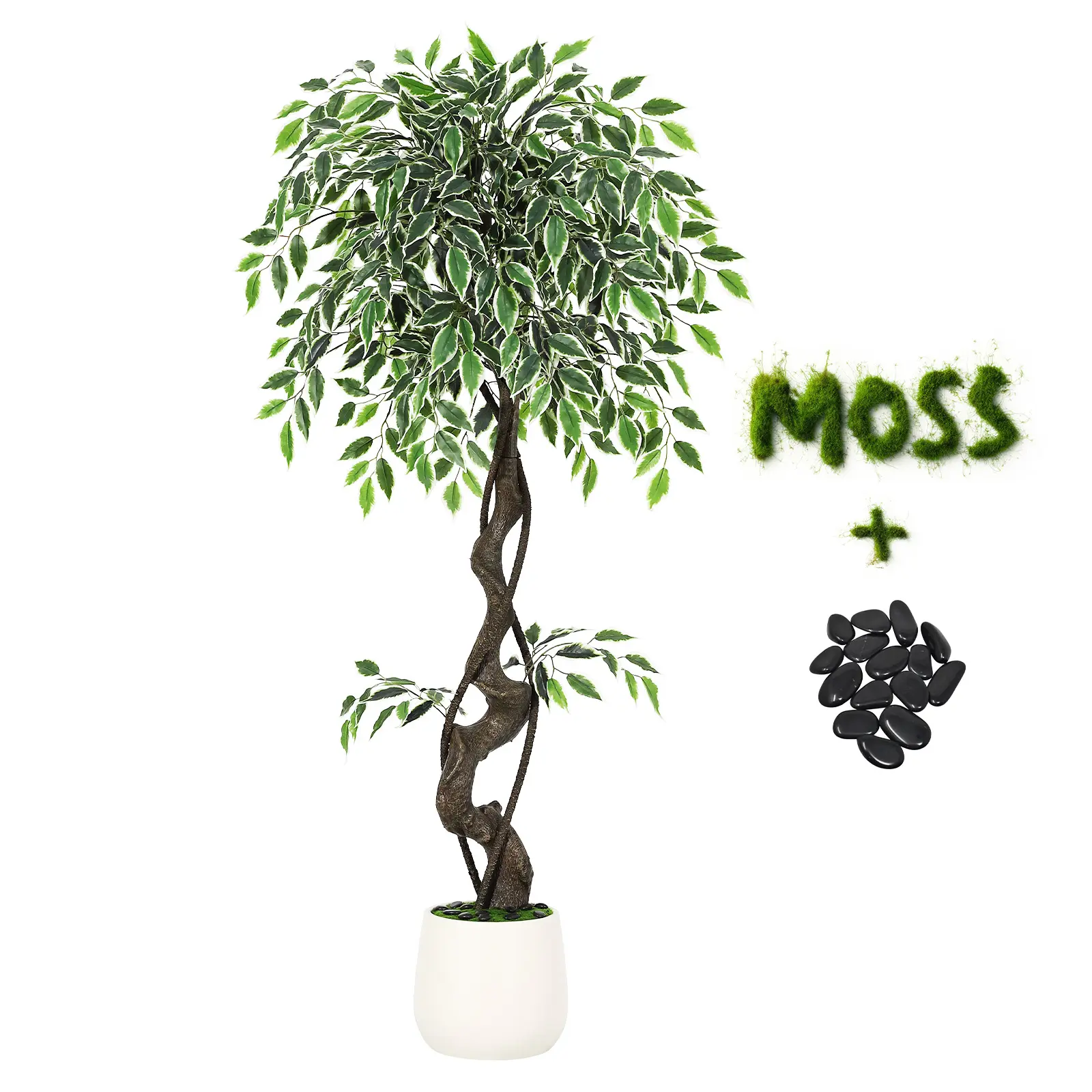 Lifelike Artificial Ficus Tree - Tall Faux Plant with 1100+ Realistic Silk Leaves, Natural Trunk, White Planter, Green Moss & Pebbles, Maintenance-Free Indoor/Outdoor Decoration for Home, Office, Living Room