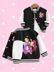 Cute Anime Girl Group Print Baseball Jacket, Block Long Sleeve, Button, K-Pop Essential, All Seasons, Casual Outdoor Wear