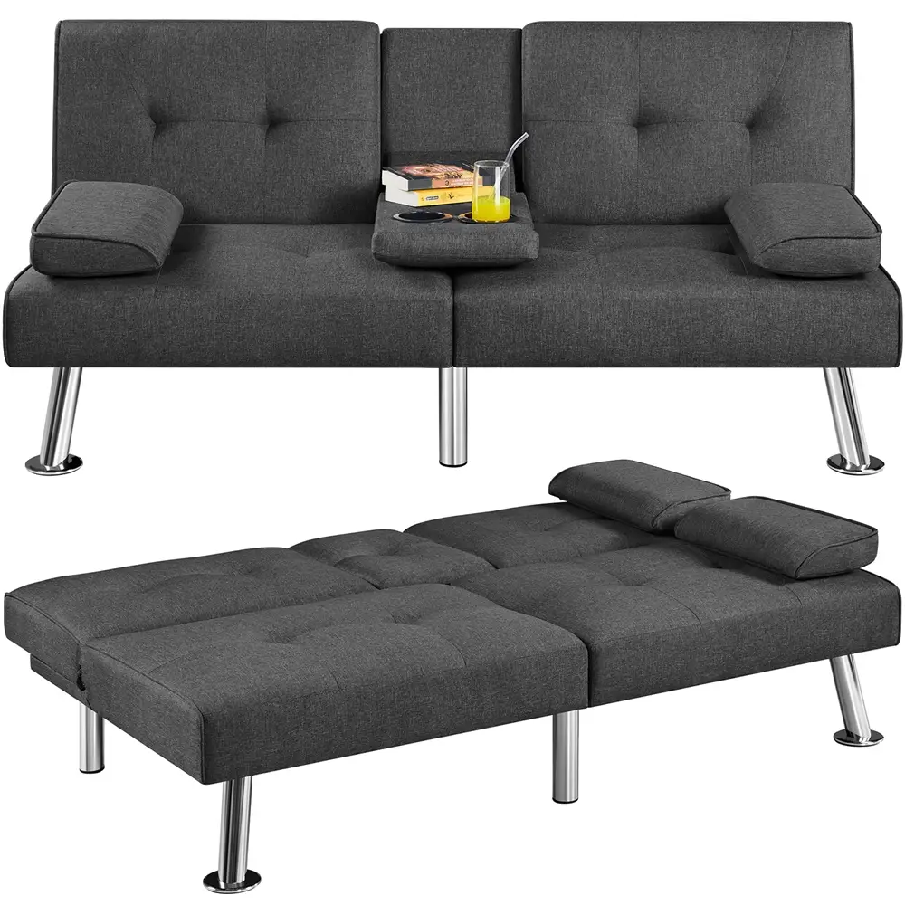 Yaheetech Convertible Fabric Futon Sofas&Sofa Bed with 2 Throw Pillows & Drop-down Cup Holders, 3-In-1 Adjustable Futon Couch