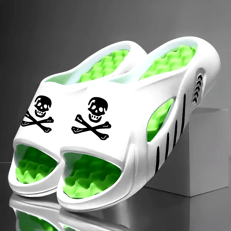 Soft Massage Sole Men's Casual Open Toe Slippers, Breathable Non-slip EVA, Comfortable Skull Print, Indoor Home Bathroom Gym Footwear Shoe