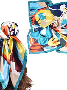 Vintage Bold Color Block Floral Scarf, Lightweight Satin Headwrap, Trendy Hair Scarf & Accent, Artistic Tropical Print