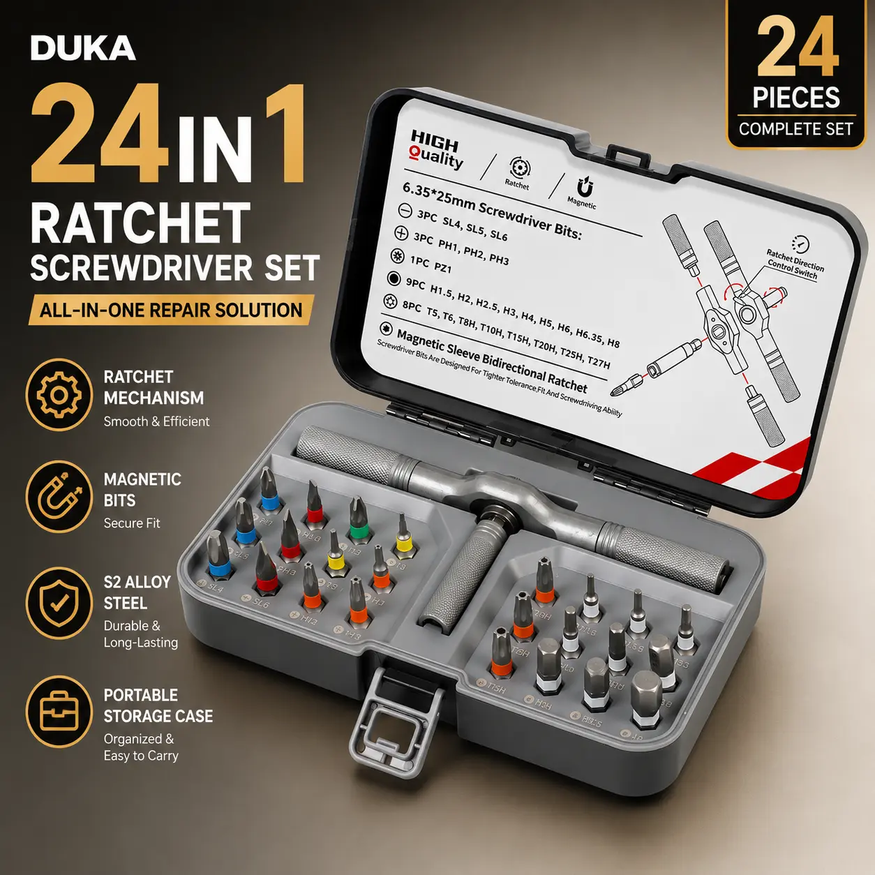 24-in-1 T-Handle Ratchet Screwdriver Set, Multi-Function Hand Tool Kit with High Hardness Bits for Home Repair, DIY & Maintenance