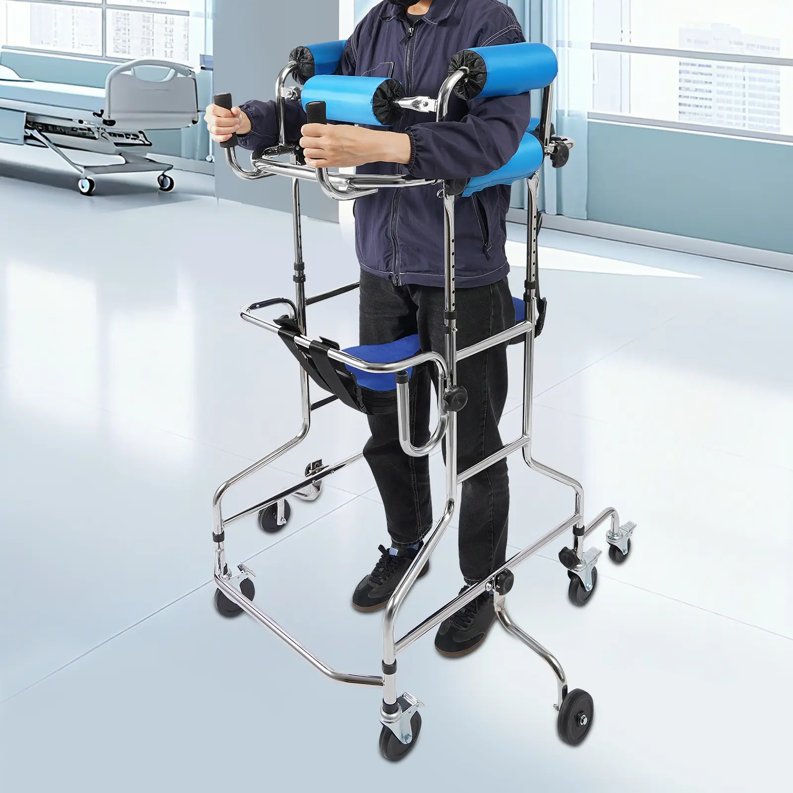 Adjustable Carbon Steel Electroplated Portable Medical Standing Frame with Infusion Holder - Walking Aid for Seniors, Post-Surgery Rehabilitation Healthcare Tool, Ergonomic, Brakeable Wheels