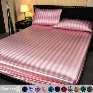 2/3pcs Satin Striped Bedding Set, Silky Soft Comfortable Bed Sheets, Cooling Breathable Silk-Like Bedding, Dustproof Mattress Protector, Machine Washable for Bedroom, Guest Room and Dorm