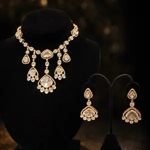 22K Gold Plated 2-Piece Premium Kundan Statement Necklace Set | Moissanite Stones #013