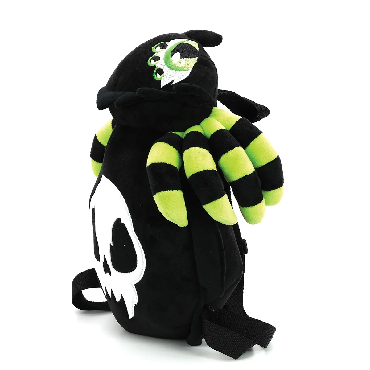 Skull Spider Plushy Backpack with Neon Green Accents and Skull Design