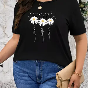 Daisy Print Black Plus Size Women's T-Shirt