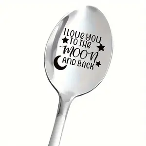 Stainless Steel Spoon Cutlery, 1 Count Letter Pattern Moon Back Coffee Spoon, Ice Cream Spoon, Tea Spoon, Dessert Spoon, Gift for Anniversary, Birthday, Party