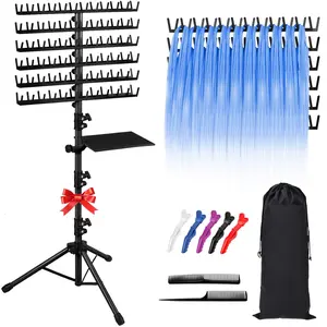 144 Pegs Standing Braiding Hair Rack, Height Adjustable Hair Holder for Braiders with Accessory Tray & Carrying Bag, Heavy Duty Rolling Hair Organizer for Salon & Home (48.2"-62.9"), Black