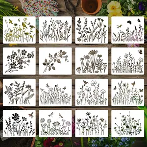 16 count Wildflower Stencils for Painting,  Large Spring  Flower Stencils Wall Stencils, DIY Large Drawing Template Stencil for Painting on  Wall Canvas Home Decor(8.3x11.7Inch)
