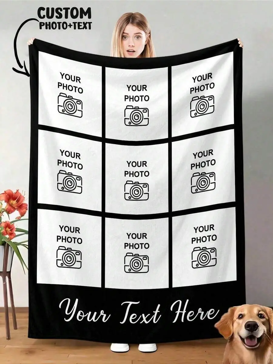 Personalized 3 Photo Collage Custom Flannel Throw Blanket Ultra Soft Warm Custom Image Text Print Blanket For Bedroom Living Room Camping Travel Aesthetic Home Decor Meaningful Holiday Birthday Gift For Men Women Friends