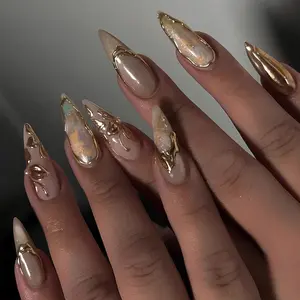 Milky White Gold Flower Nails, Luxury Press On Nails, Hand Made Elegant Press Ons, Faux Acrylic Nails, Wedding Nails, Bridal Press On Nails