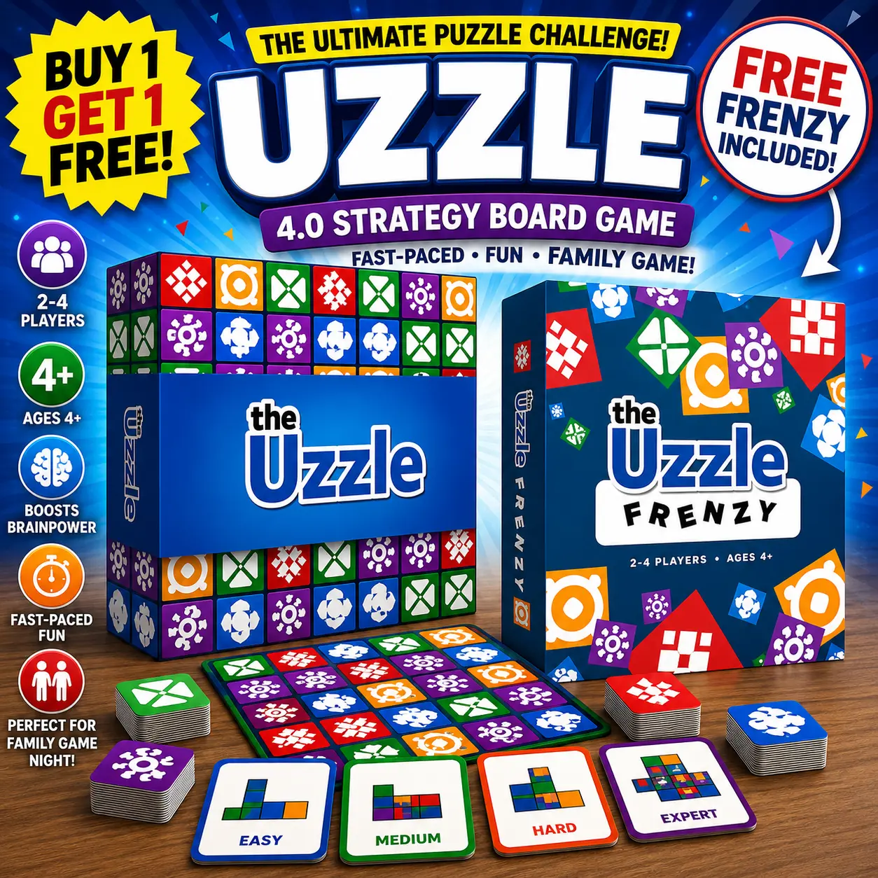 Uzzle 4.0 Strategy Board Game + Free Uzzle Frenzy Expansion | 100 New Challenges | Family Tabletop Puzzle Game Set Uzzle 4.0 Strategy Board Game + Free Uzzle Frenzy Expansion | 100 New Challenges | Family Tabletop Puzzle Game Set