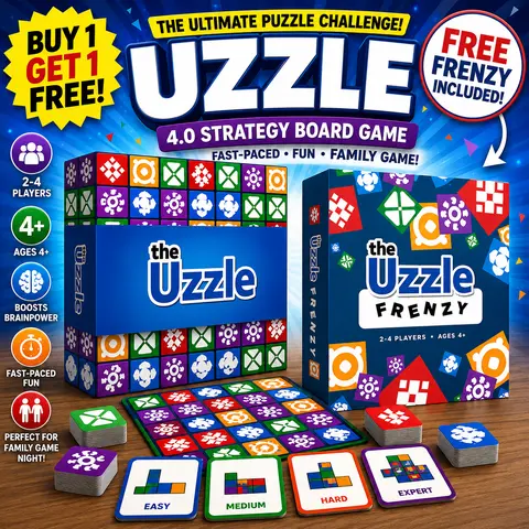 Uzzle 4.0 Strategy Board Game + Free Uzzle Frenzy Expansion | 100 New Challenges | Family Tabletop Puzzle Game Set