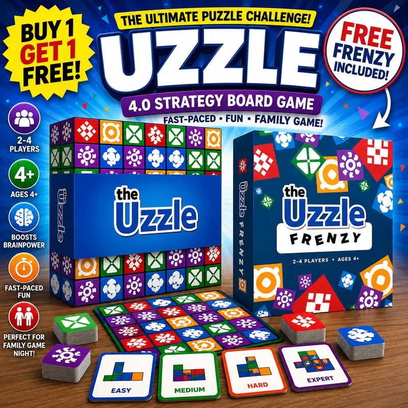 Uzzle 4.0 Strategy Board Game + Free Uzzle Frenzy Expansion | 100 New Challenges | Family Tabletop Puzzle Game Set