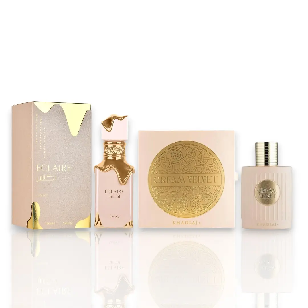 KHADLAJ Unisex Eau De Parfum (EDP) Set - 100mL (3.4 oz) Cream Velvet & Eclaire Scents with Caramel, Honey, Vanilla, Musk & Floral Notes, Long Lasting