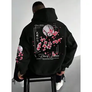 Men’s Casual Floral Hoodie, Japanese Cherry Blossom Design, Comfortable Street-Style Sweatshirt, Perfect for Everyday Wear