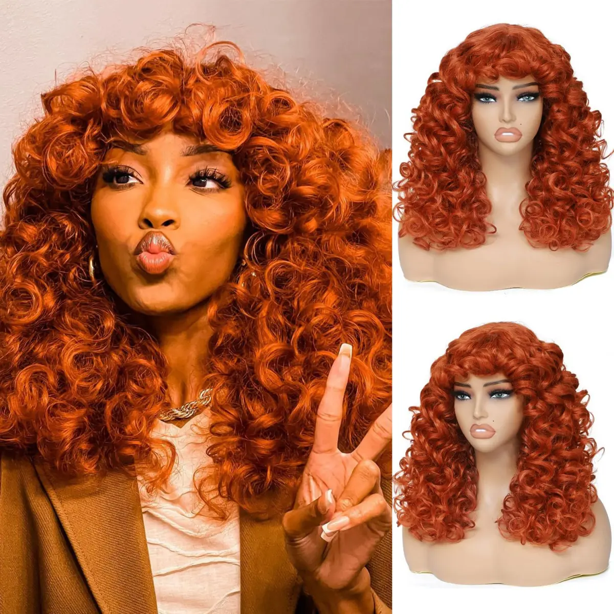 Kinky Curly Synthetic Wig for Women, 20-Inch Ginger Fluffy Hairstyle with Bangs, Glueless Adjustable Cap for Daily Wear, Weddings & Cosplay, Glueless Synthetic Wig, Synthetic Curly Wigs