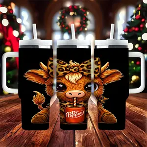 40oz Dr Pepper Highland Cow Insulated Tumbler with Handle, Thermos Cup, Double Wall Stainless Steel Vacuum Mug, Cute Leopard Bow Cow Print Cup for Christmas Birthday Valentine's Day New Year Thanksgiving Gift