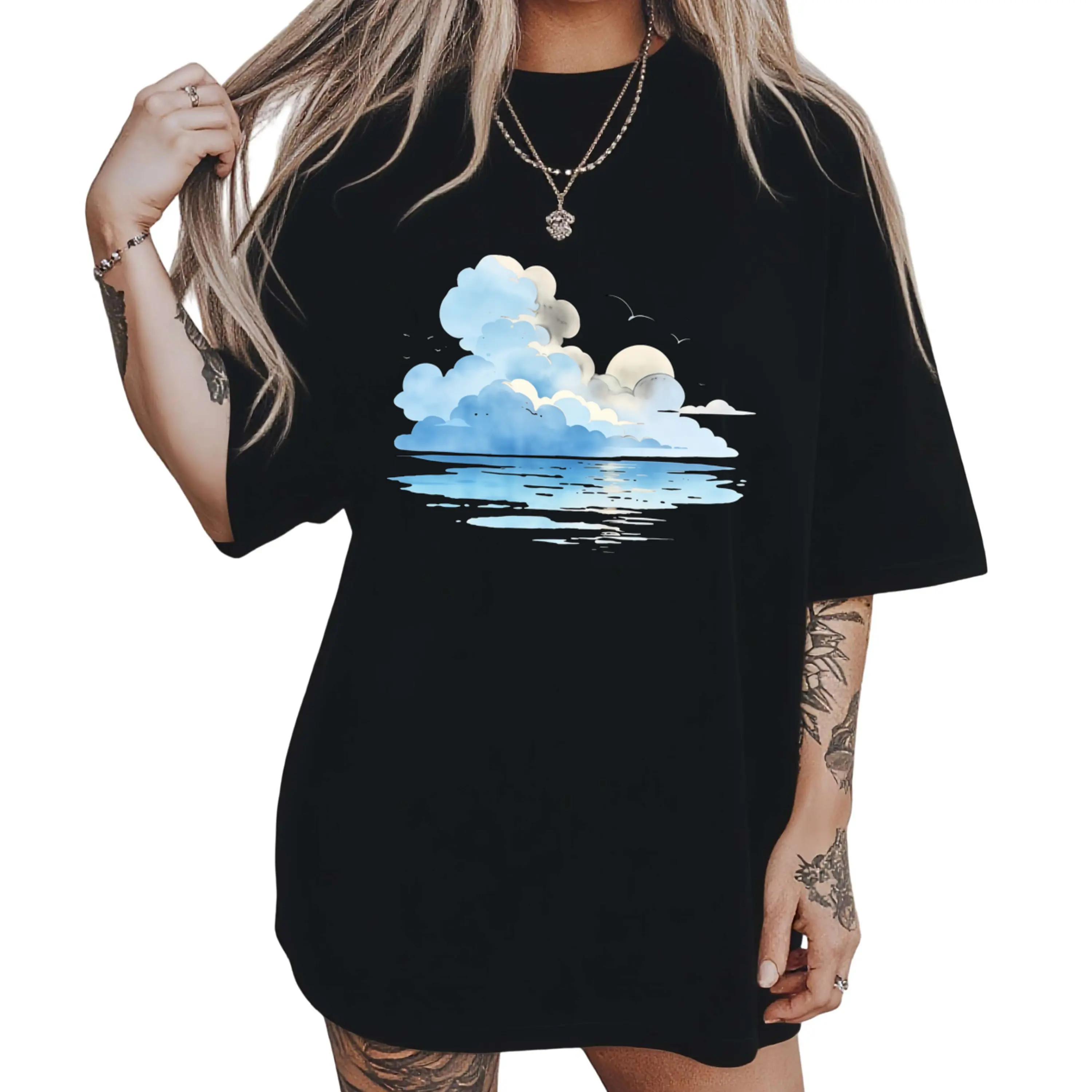 Women'S Oversized 100% Crew Neck T-Shirt Cloud And Water Reflection Comfortable And Breathable Summer