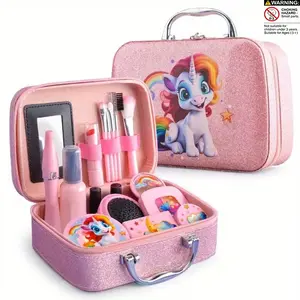 Kids Unicorn Pretend Makeup Toy Set - Portable Cosmetic Case Play Kit for Toddler Girls Pretend Play