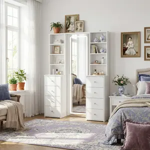 FUFU&GAGA Vanity Set with LED Lighted Mirror, 8 Drawers & Storage Shelves, White Makeup Dressing Table with Full-Length Mirror