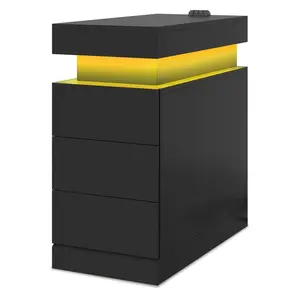 Sikaic End Table with Sliding Top and Charging Station Black Modern Narrow Nightstand 3 Drawers and LED Lights for Living Room
