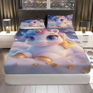 3Pcs Unicorn Fantasy Dream Fitted Sheet Three Piece Set (1*Fitted Sheet+2*Pillowcases, Coreless), Fantasy theme, Unicorn Magical Bedding Set, Mattress protector Soft, Breathable