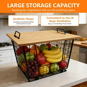 Foldable metal wire mesh basket with bamboo lid, for kitchen organization and storage, extra-large countertop storage basket, used for storing fruits, vegetables, bread, potatoes, and onions