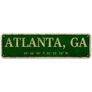 Atlanta, GA City Sign Rustic Vintage Metal Art Wall Decor Office/Home/Classroom 4" x 16" Gift Kitchen