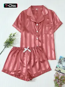Women's 2-Piece Satin Pajama Set, Striped Collared Short Sleeve Top with Pockets, Bow Shorts, Casual Home Wear, Fitted Style, Pjs
