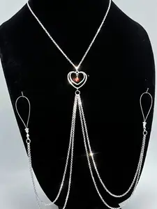 Silver Double Heart Non‑Piercing Nipple Ring Necklace · Handmade Adjustable Body Chain Jewelry Red Crystal Accent Heart Pendant Body Accessory · Lightweight Fashion Chain for Boudoir, Festival Looks, Creative Outfits, Photoshoots, and Statement Moments